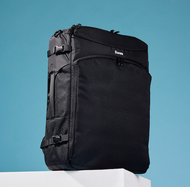 Swae Flow 40L Travel Backpack made from recycled materials, lightweight and carry-on approved for one-bag travel.