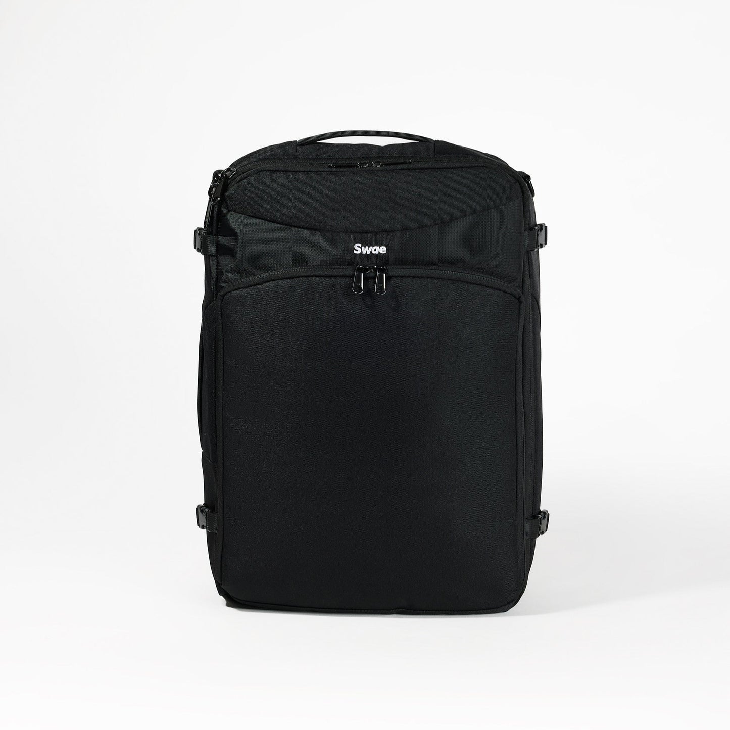 Swae Flow 40L Travel Backpack front view – a sleek, minimalist carry-on backpack made from 100% recycled materials, designed for lightweight travel.