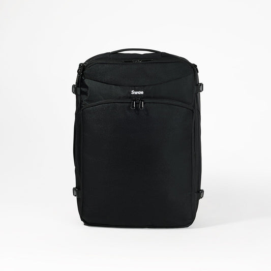 Swae Flow 40L Travel Backpack front view – a sleek, minimalist carry-on backpack made from 100% recycled materials, designed for lightweight travel.