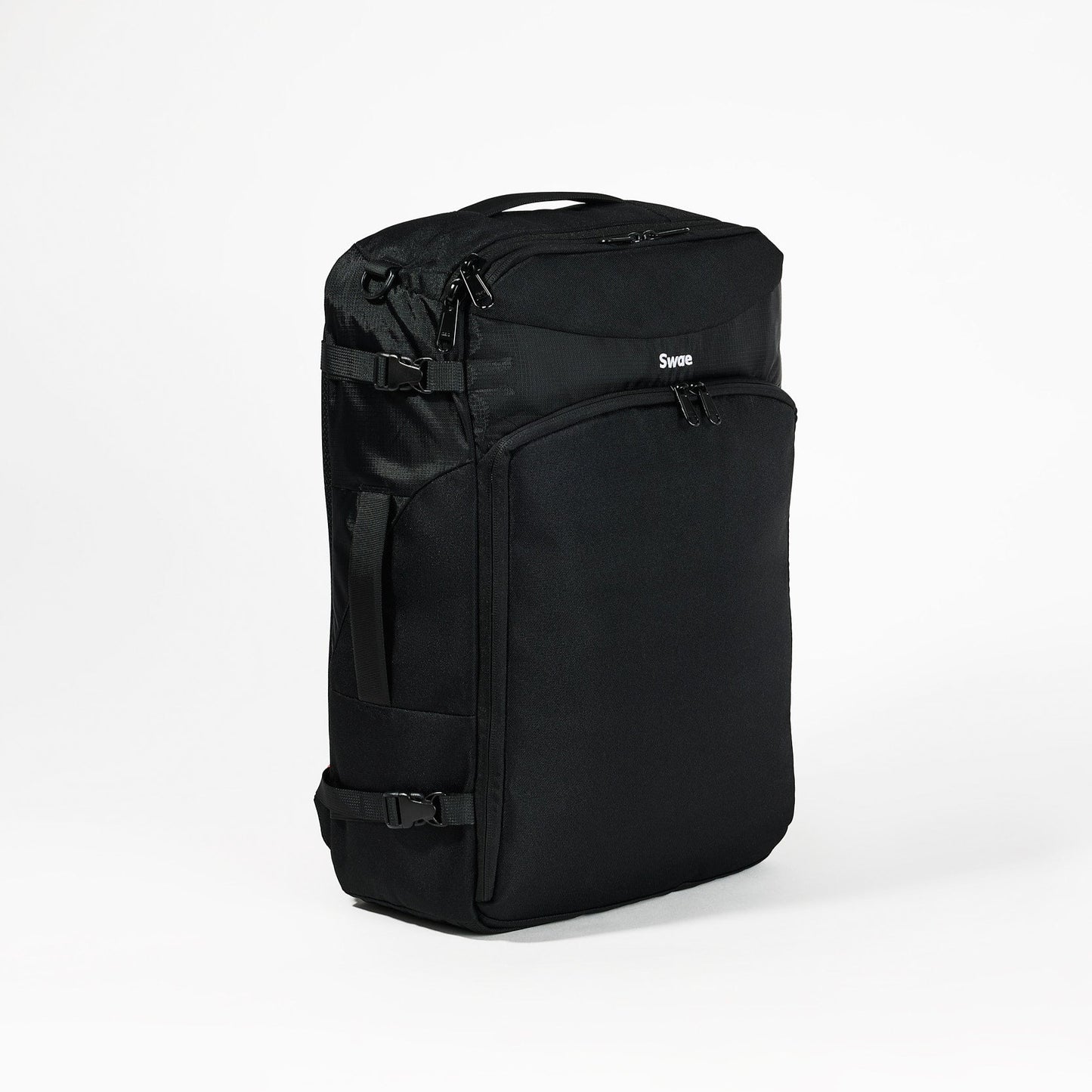Right side view of the Swae Flow 40L Travel Backpack, showcasing its durable recycled fabric, compression straps for a secure fit, and sleek, travel-ready design.