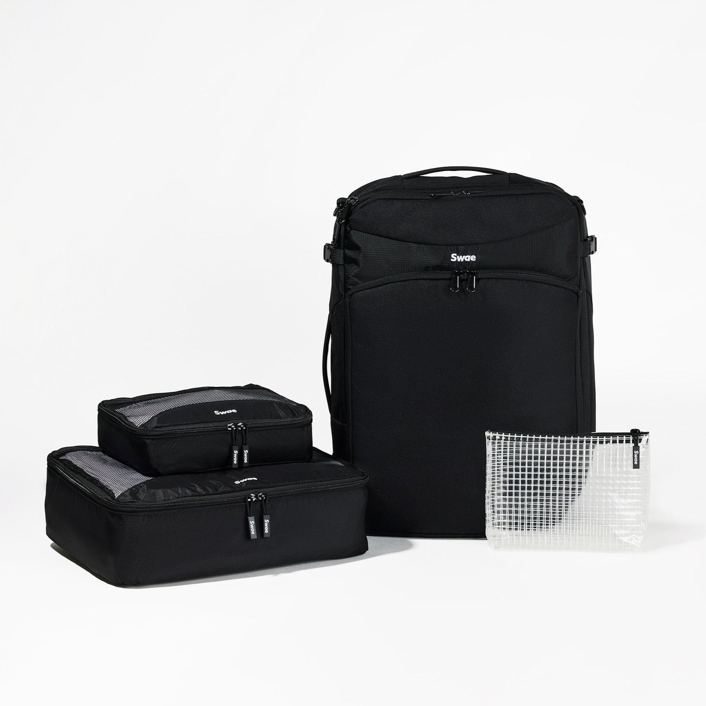 Swae Travel Backpack travel bundle – includes the Flow 40L Travel Backpack, a large and small packing cube, and a toiletries bag for efficient and organised packing.
