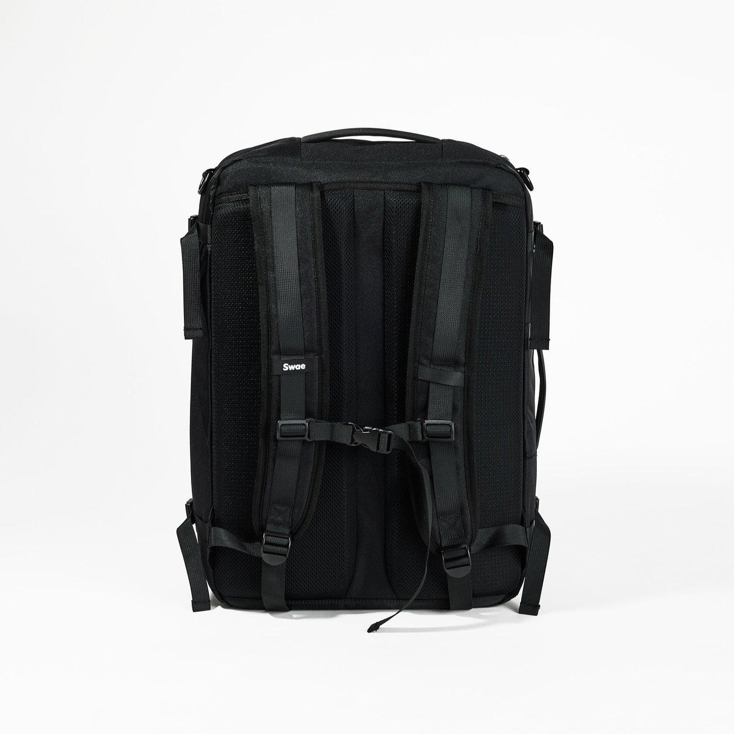 Back view of the Swae Flow 40L Travel Backpack, featuring a ventilated airmesh back panel, padded adjustable shoulder straps, and an adjustable sternum (chest) strap for enhanced comfort and weight distribution.