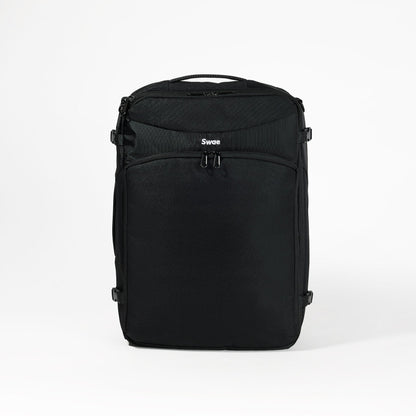 Swae Flow 40L Travel Backpack front view – a sleek, minimalist carry-on backpack made from 100% recycled materials, designed for lightweight travel.