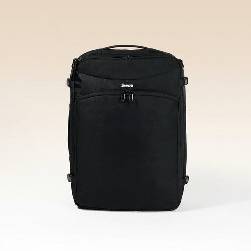 Swae Flow 40L Travel Backpack front view – a sleek, minimalist carry-on backpack made from 100% recycled materials, designed for lightweight travel.