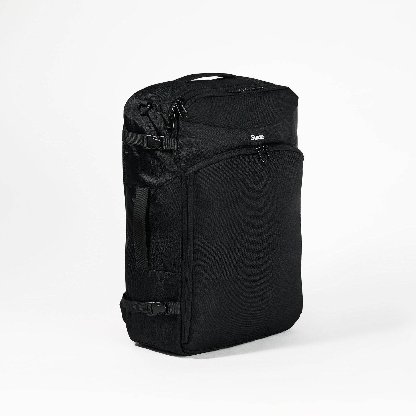 Right side view of the Swae Flow 40L Travel Backpack, showcasing its durable recycled fabric, compression straps for a secure fit, and sleek, travel-ready design.