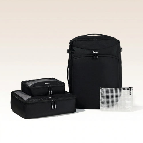 Swae Travel Bundle – a complete travel organisation set featuring the Swae Flow 40L Travel Backpack, small packing cube, large packing cube, and toiletries bag designed for effortless, organised travel.