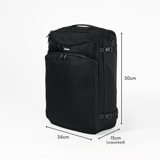 Swae Flow 40L Travel Backpack with overlaid dimensions – 50cm x 34cm x 15cm (19.69" x 13.39" x 5.91"), showing compact carry-on compliant size.